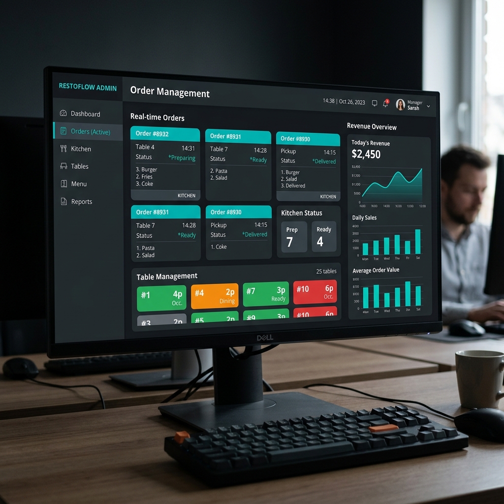Restaurant admin dashboard showing live orders and analytics