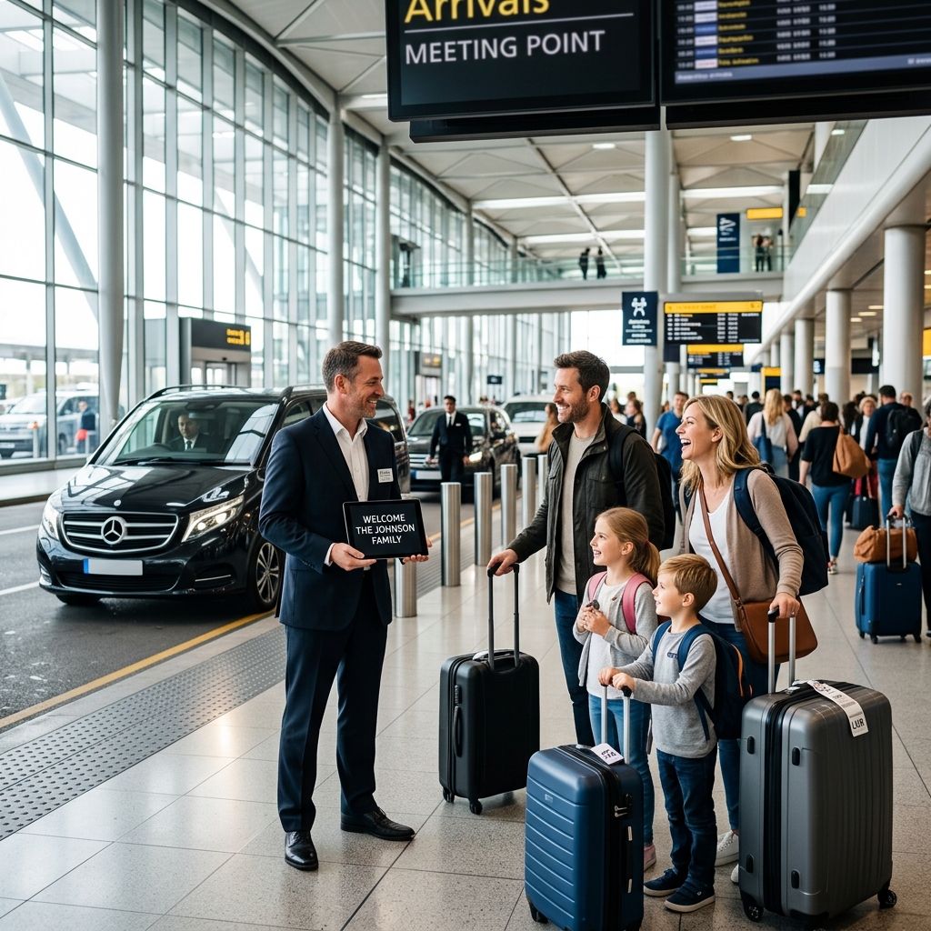 Professional driver greeting tourists at airport arrivals
