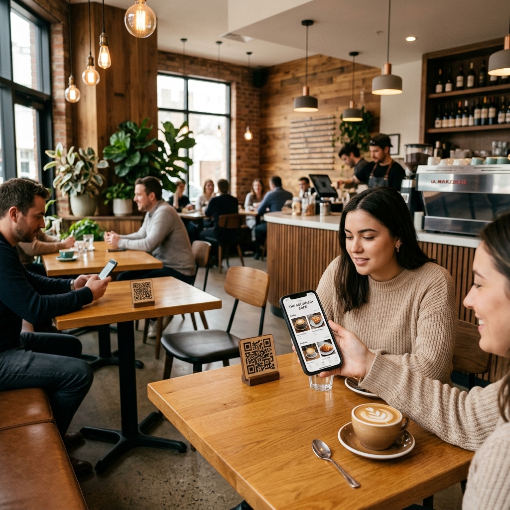 Customer scanning QR code at a modern cafe table