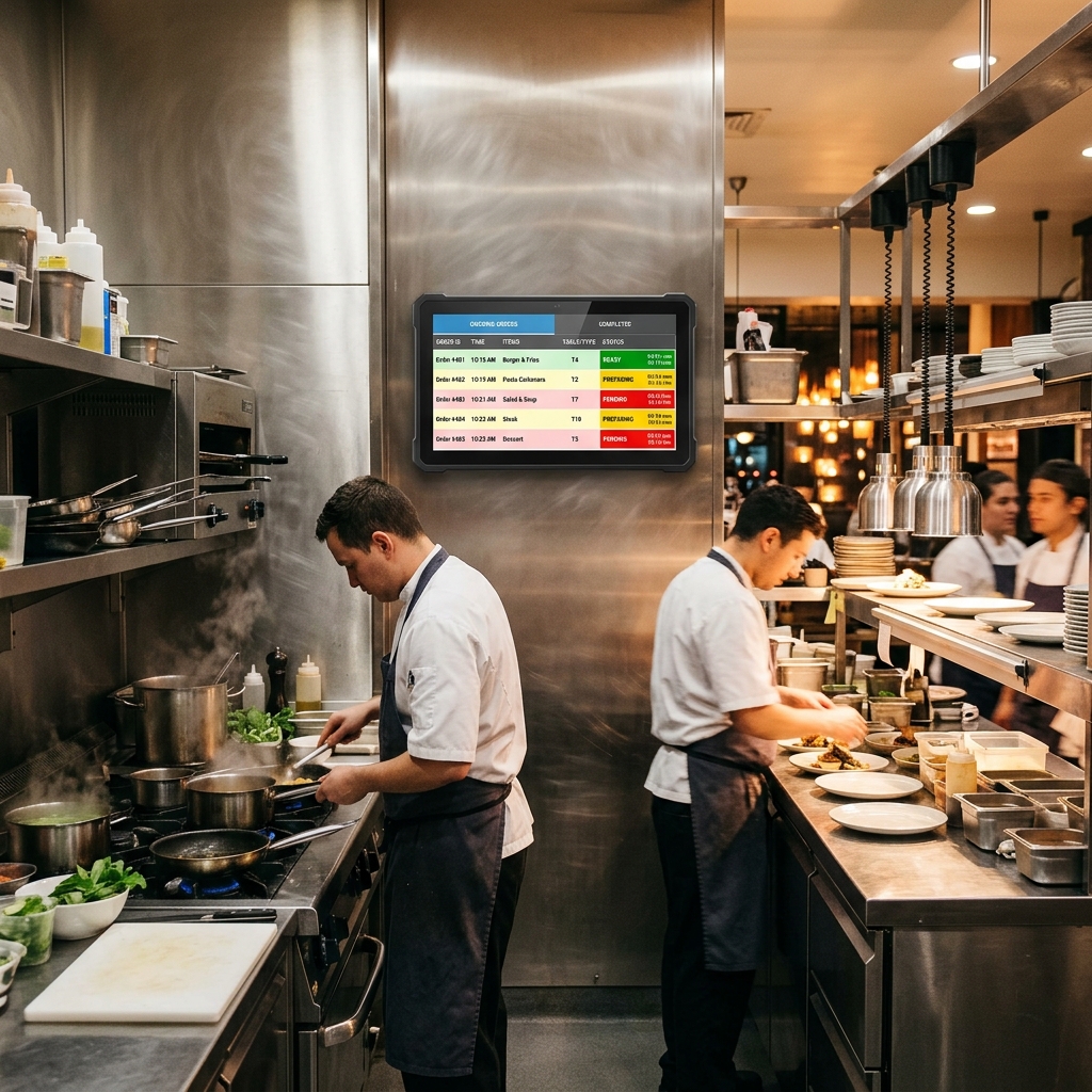 Kitchen display showing order status and tracking