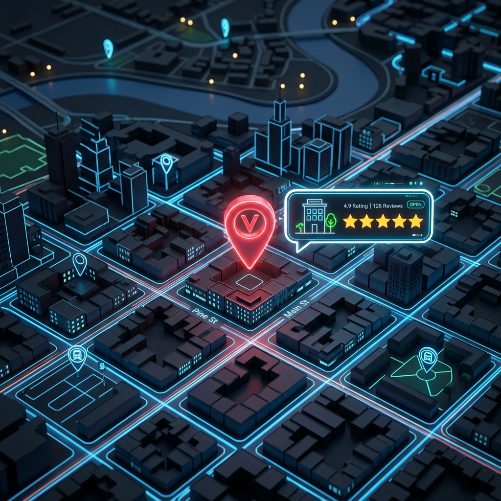 Google Maps local SEO strategy with map pin and 5-star reviews