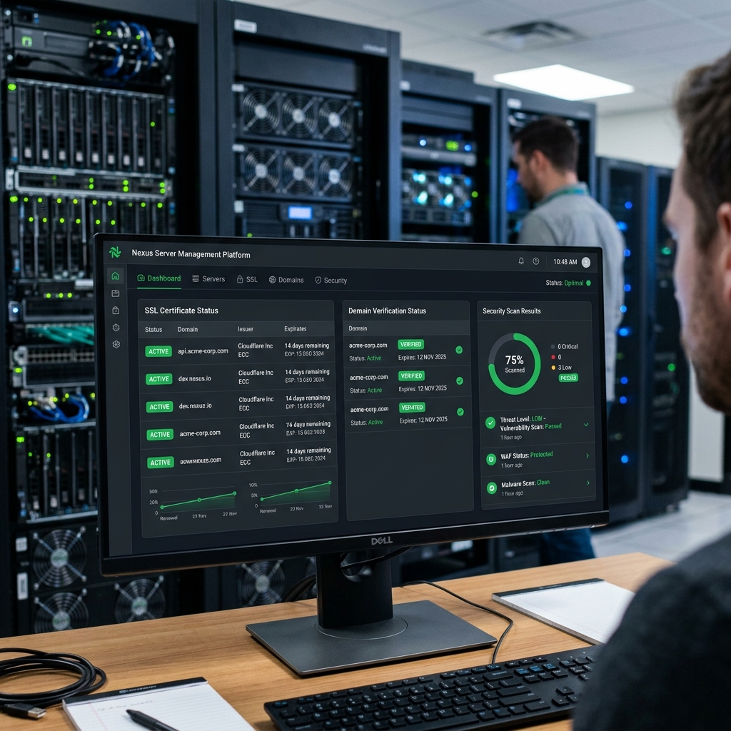 Server management dashboard showing SSL certificate installation and verification